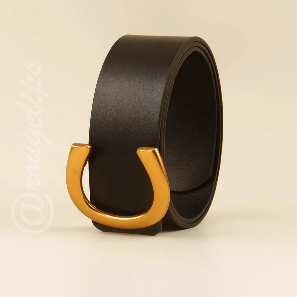 PU Wide Black Belt Gold Tone Horseshoe Buckle